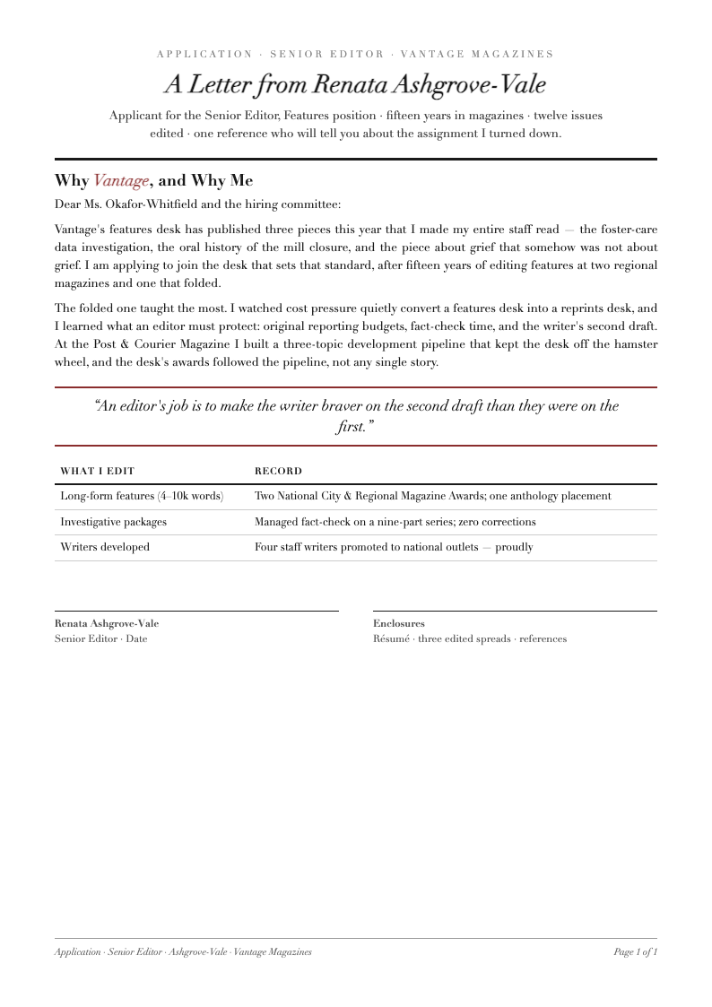 Editorial magazine application letter